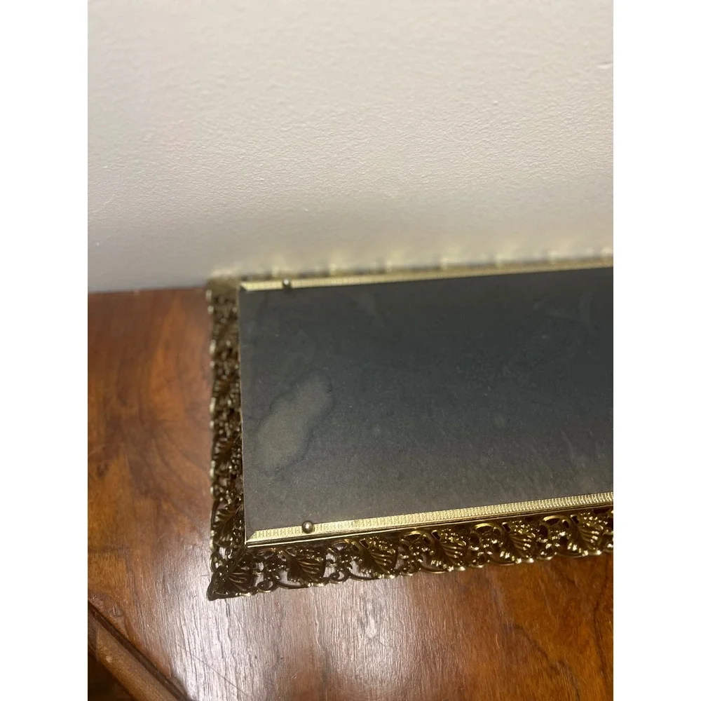 Vintage Mirror Vanity Tray Gold Filigree Metal Ornate Rectangular 16